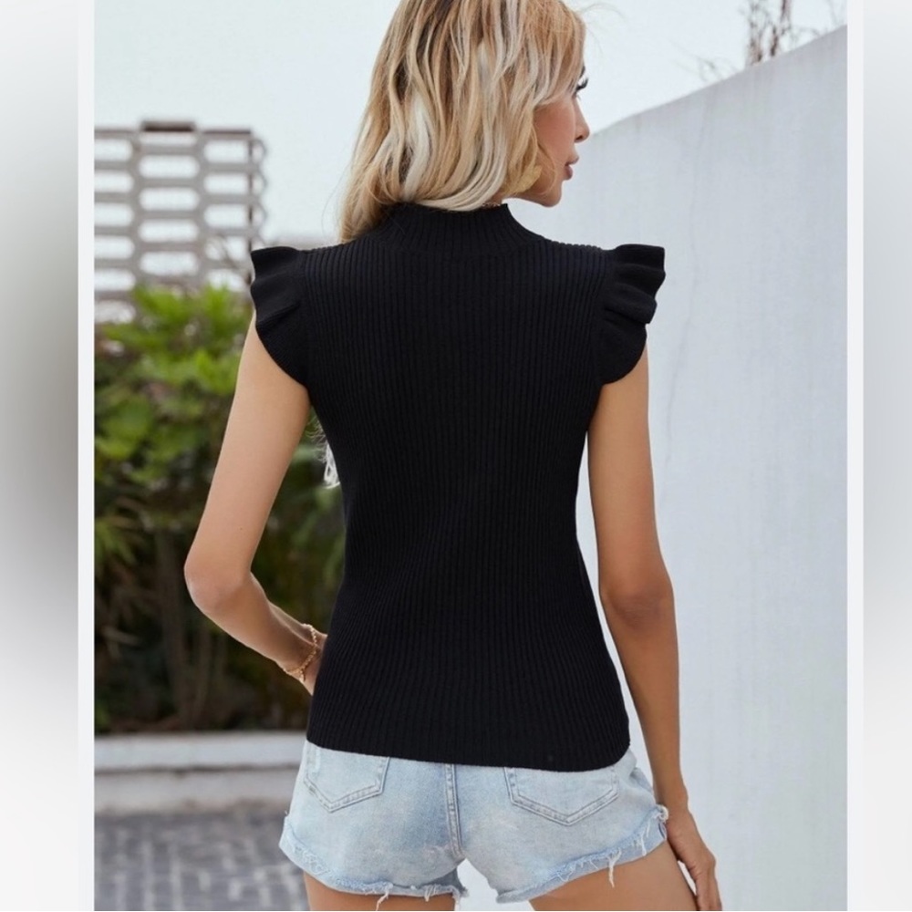 Storia Ribbed Mock Neck Ruffle Sleeve Top - Picture 2 of 11